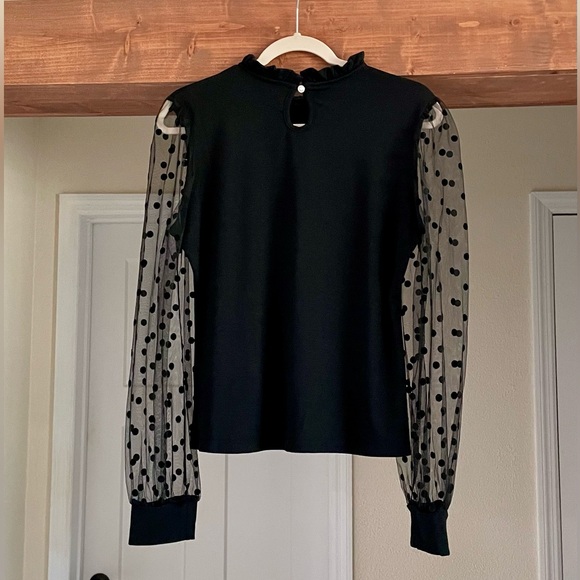 Black Mesh Dotted Sleeves High Collar Top Size L - Picture 3 of 8